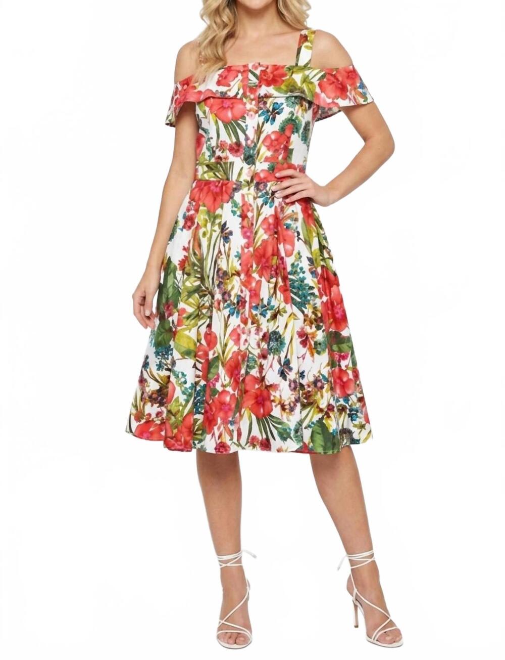 NEW GABBY SKYE floral cold-shoulder fit and flare party dress in ivory coral
